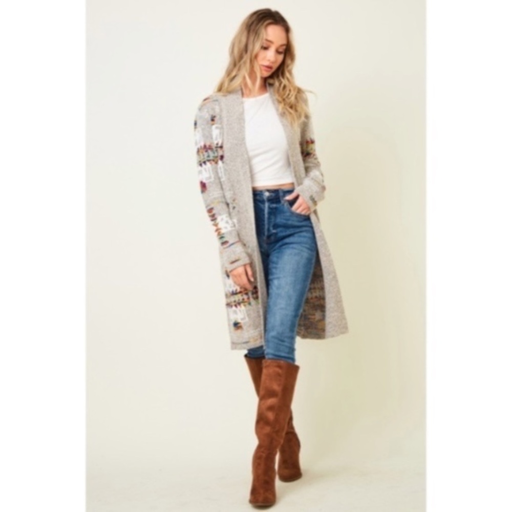 SOLD OUT Oatmeal Rainbow Multi Colored Aztec Tribal Jacquard Open Knit Cardigan - Picture 2 of 10